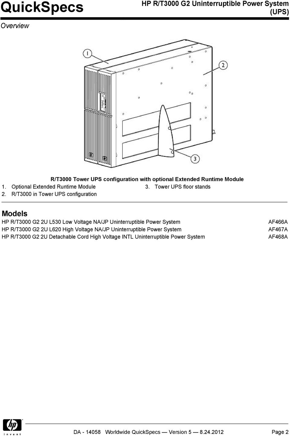 R/T3000 in Tower UPS configuration Models HP R/T3000 G2 2U L530 Low Voltage NA/JP Uninterruptible Power System HP
