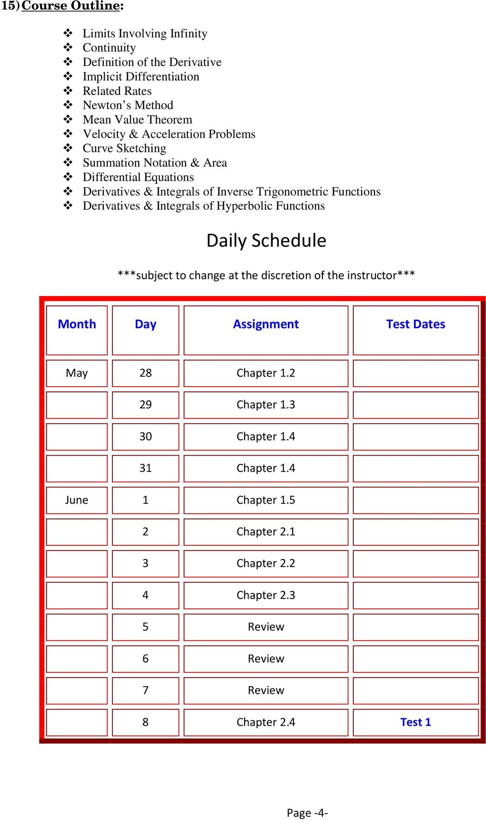 Derivatives & Integrals of Hyperbolic Functions Daily Schedule ***subject to change at the discretion of the instructor*** Month Day Assignment Test Dates May 28