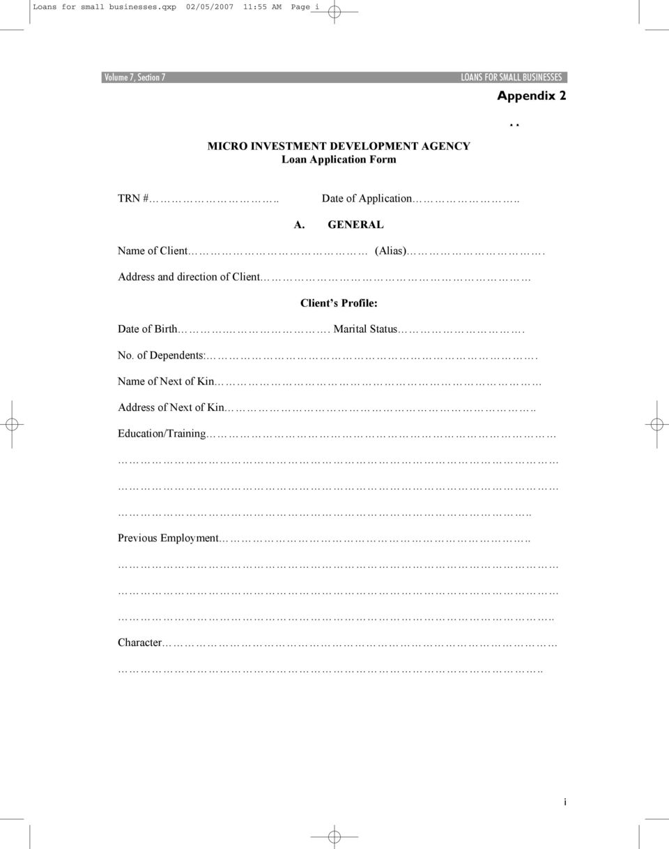 Application Form TRN #.. Date of Application.. A. GENERAL Name of Client (Alias).