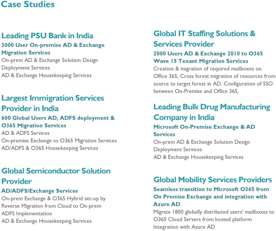 Services Global Semiconductor Solution Provider AD/ADFS/Exchange Services On-prem Exchange & O365 Hybrid set-up by Reverse Migration from Cloud to On-prem ADFS Implementation AD & Exchange