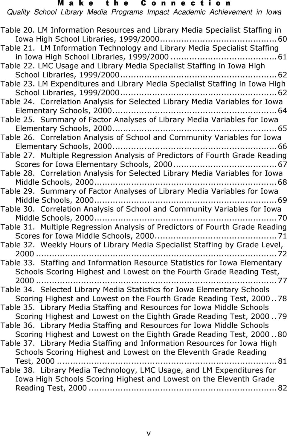 LMC Usage and Library Media Specialist Staffing in Iowa High School Libraries, 1999/2000...62 Table 23. LM Expenditures and Library Media Specialist Staffing in Iowa High School Libraries, 1999/2000.