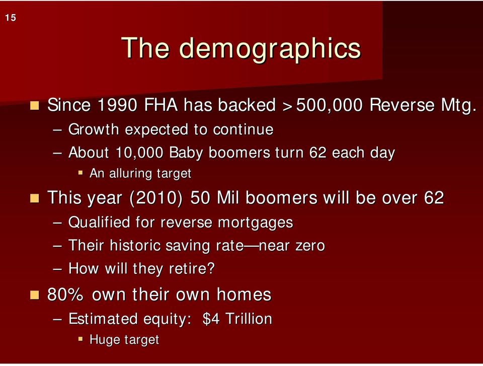 This year (2010) 50 Mil boomers will be over 62 Qualified for reverse mortgages Their
