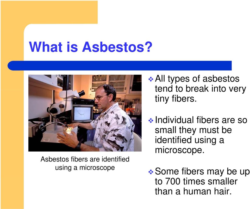 Asbestos fibers are identified using a microscope Individual