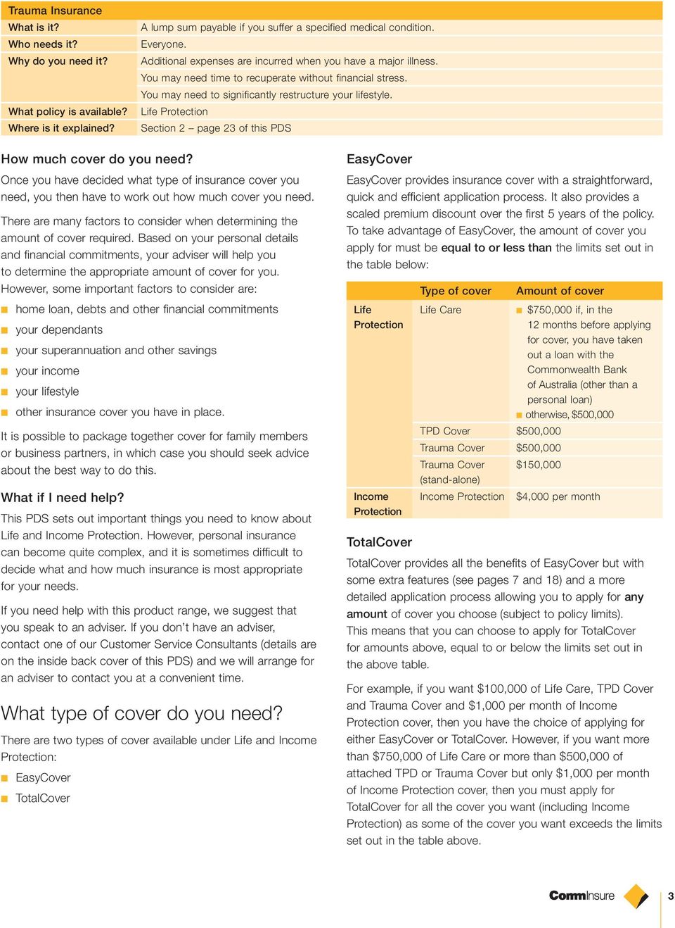 Life Protection Section 2 page 23 of this PDS How much cover do you need? Once you have decided what type of insurance cover you need, you then have to work out how much cover you need.