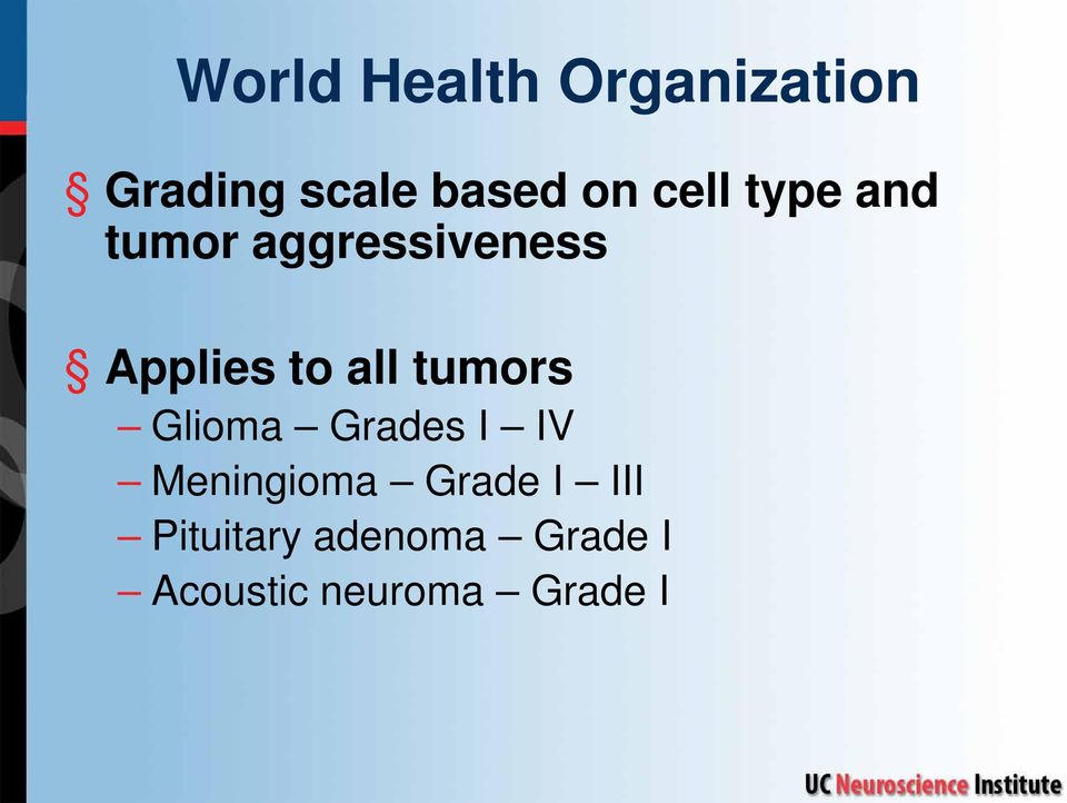 tumors Glioma Grades I IV Meningioma Grade I III