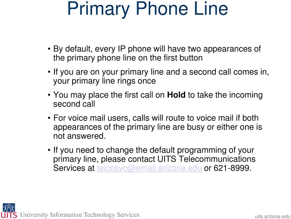 For voice mail users, calls will route to voice mail if both appearances of the primary line are busy or either one is not answered.