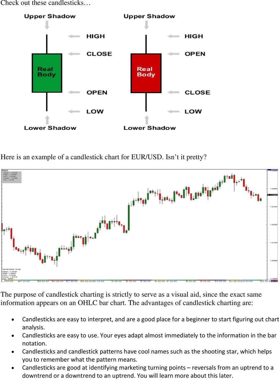 The advantages of candlestick charting are: Candlesticks are easy to interpret, and are a good place for a beginner to start figuring out chart analysis. Candlesticks are easy to use.