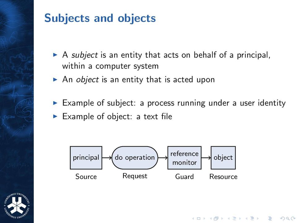 Example of subject: a process running under a user identity Example of object: