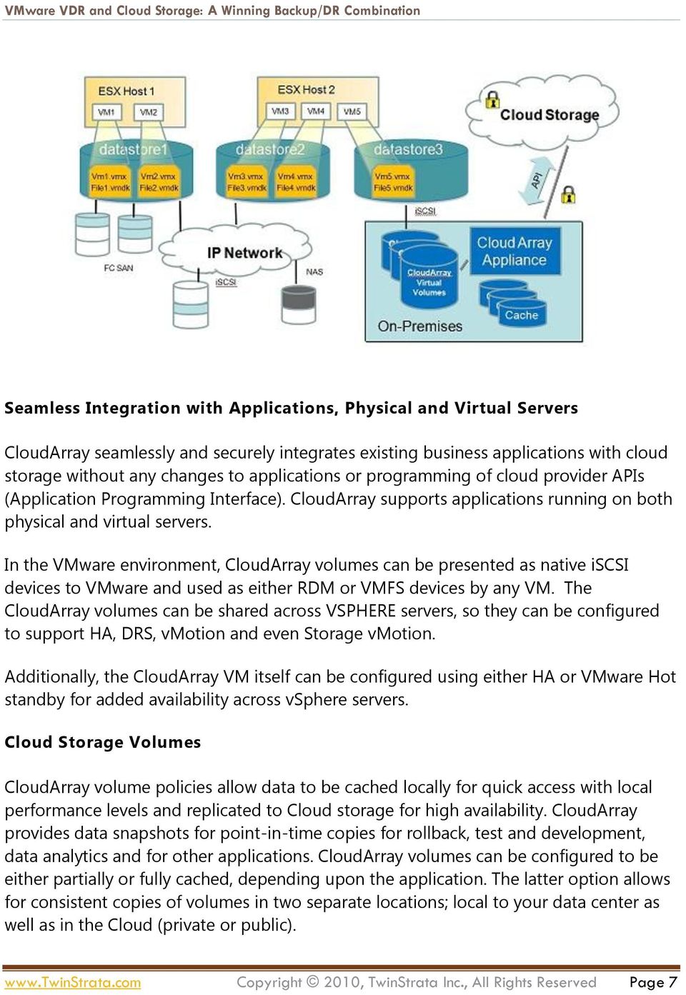 In the VMware environment, CloudArray volumes can be presented as native iscsi devices to VMware and used as either RDM or VMFS devices by any VM.