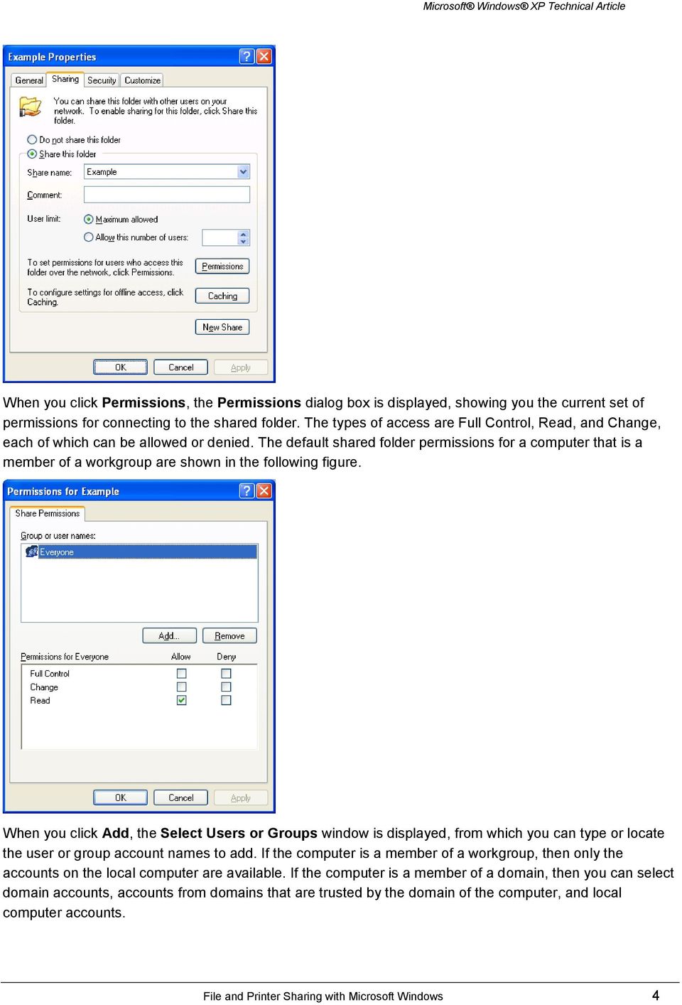 The default shared folder permissions for a computer that is a member of a workgroup are shown in the following figure.