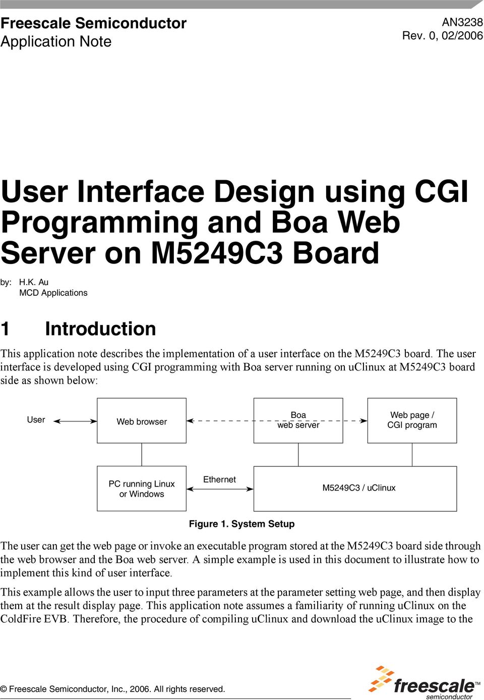 The user interface is developed using CGI programming with Boa server running on uclinux at M5249C3 board side as shown below: User Web browser Boa web server Web page / CGI program PC running Linux