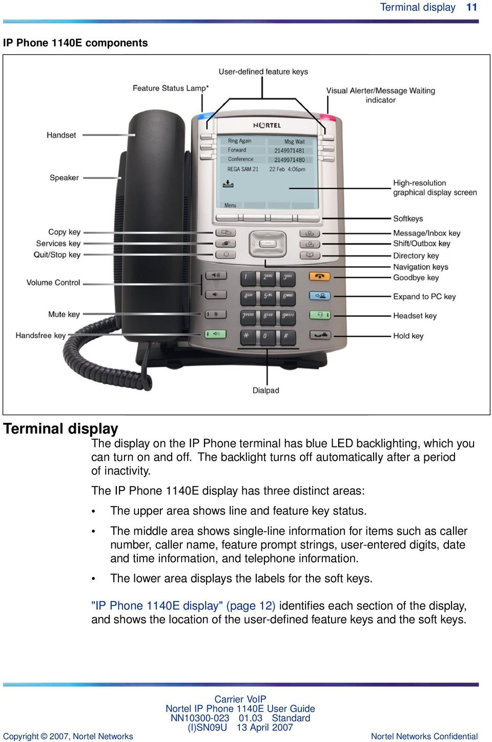 information for items such as caller number, caller name, feature prompt strings, user-entered digits, date and time information, and telephone information The lower area displays the