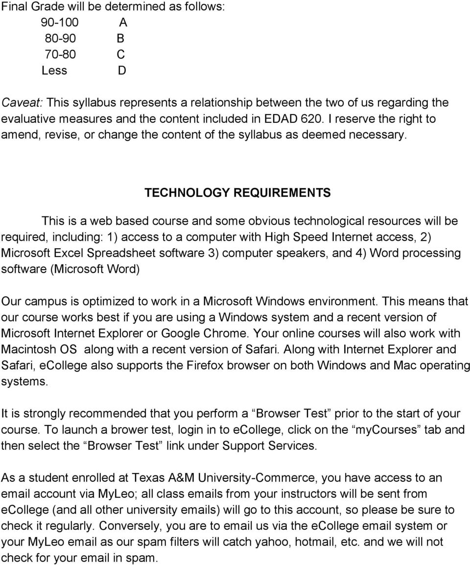 TECHNOLOGY REQUIREMENTS This is a web based course and some obvious technological resources will be required, including: 1) access to a computer with High Speed Internet access, 2) Microsoft Excel