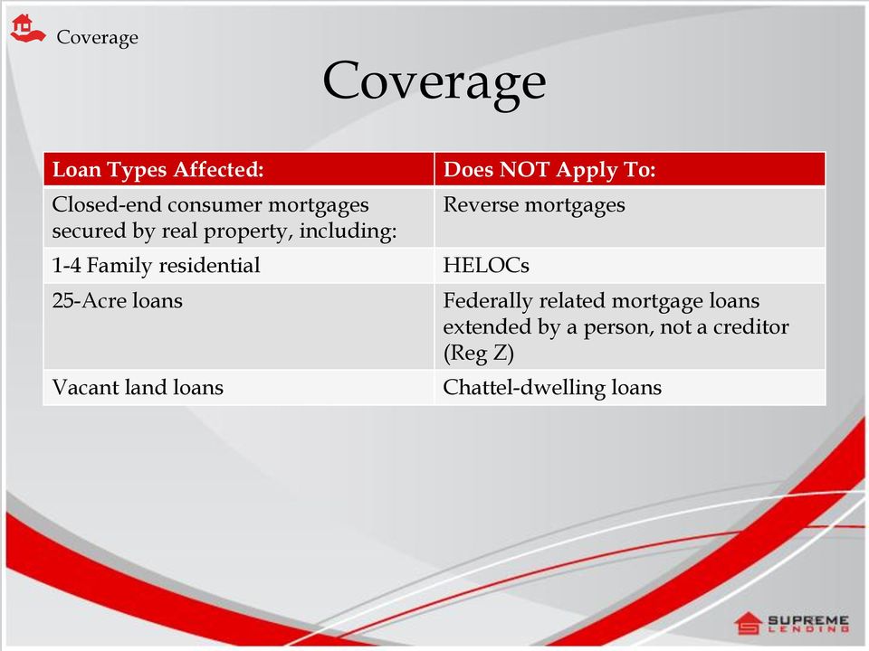Vacant land loans Does NOT Apply To: Reverse mortgages Federally related