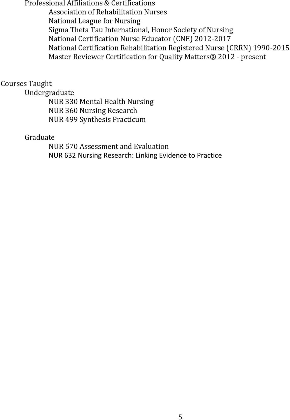 1990-2015 Master Reviewer Certification for Quality Matters 2012 - present Courses Taught Undergraduate NUR 330 Mental Health Nursing NUR 360