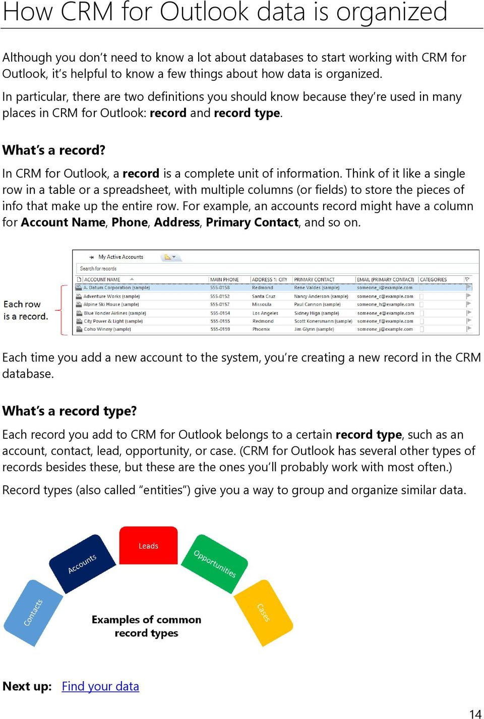 In CRM for Outlook, a record is a complete unit of information.