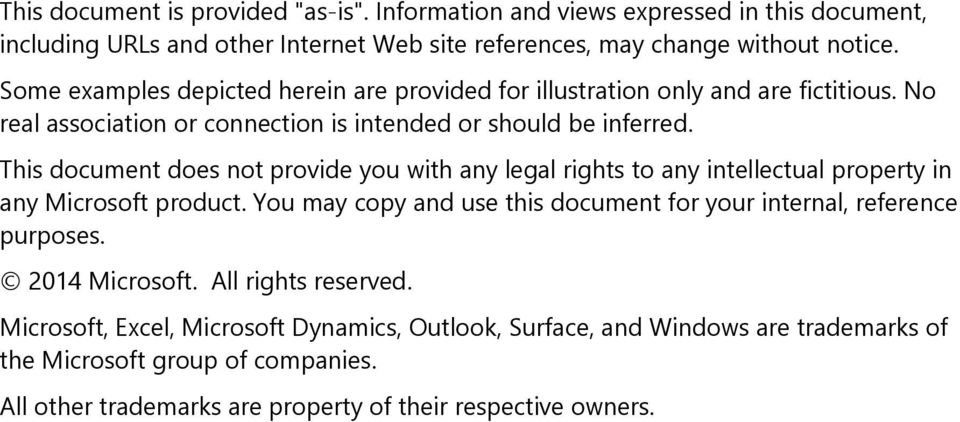 This document does not provide you with any legal rights to any intellectual property in any Microsoft product.