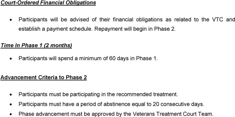Time In Phase 1 (2 months) Participants will spend a minimum of 60 days in Phase 1.