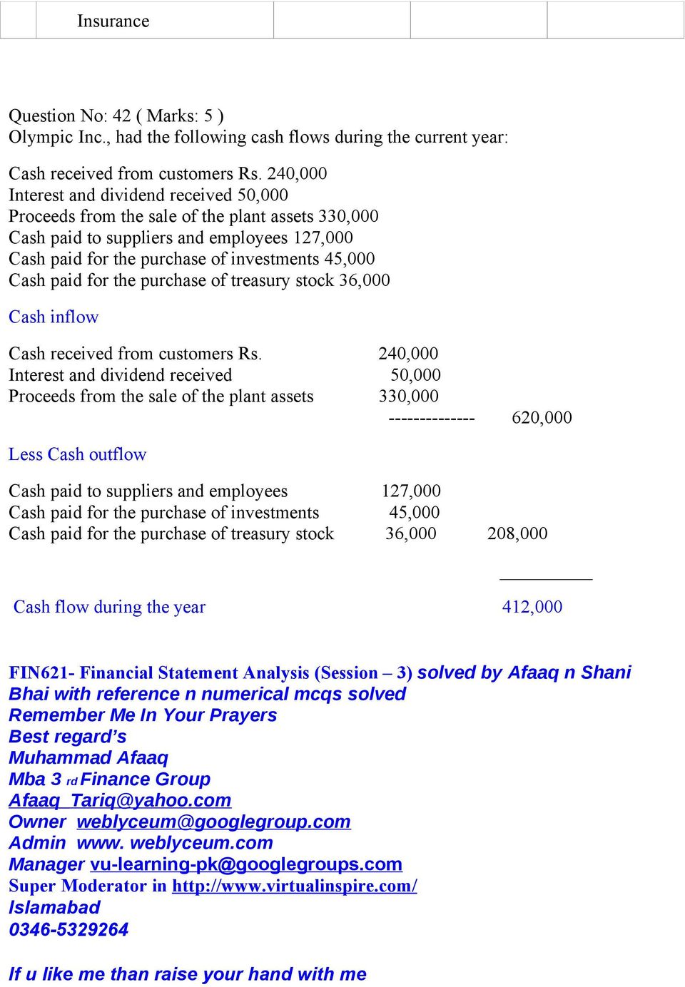 paid for the purchase of treasury stock 36,000 Cash inflow Cash received from customers Rs.