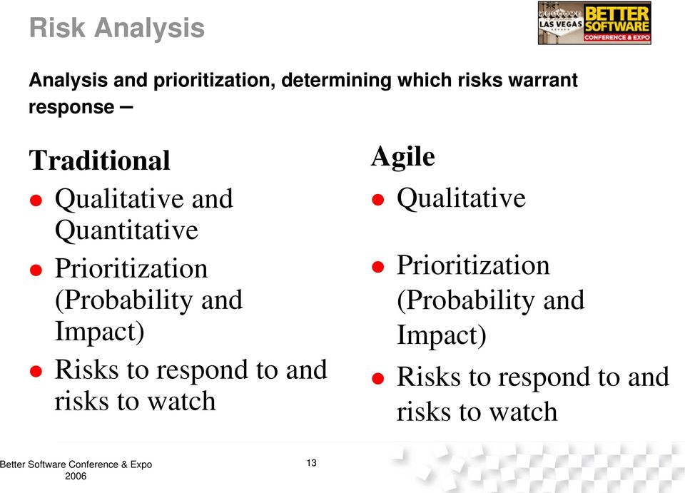 (Probability and Impact) Risks to respond to and risks to watch Agile
