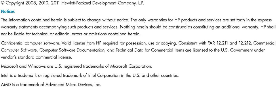 Nothing herein should be construed as constituting an additional warranty. HP shall not be liable for technical or editorial errors or omissions contained herein. Confidential computer software.