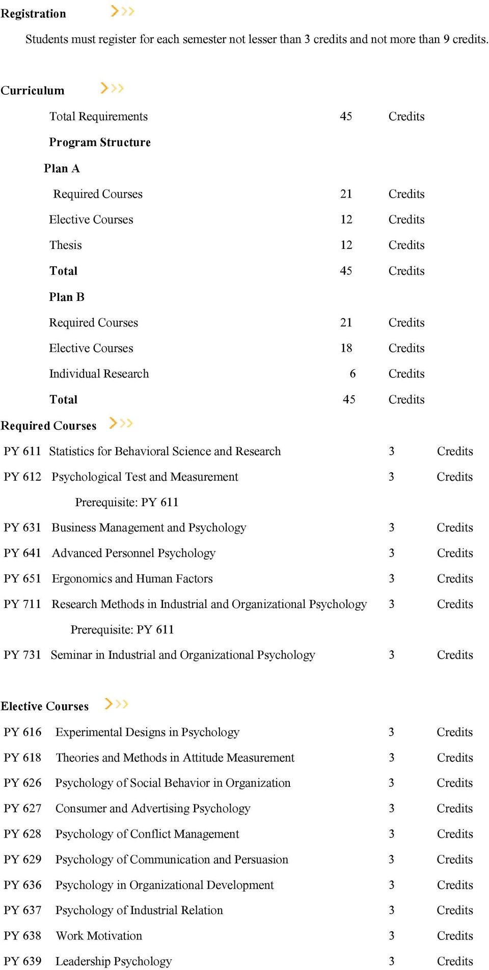 Elective Courses 18 Credits Individual Research 6 Credits Total 45 Credits Required Courses PY 611 Statistics for Behavioral Science and Research PY 612 Psychological Test and Measurement