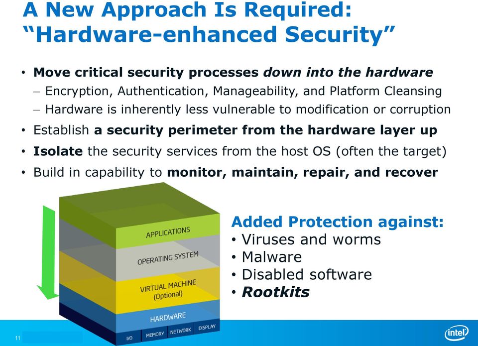Establish a security perimeter from the hardware layer up Isolate the security services from the host OS (often the target)