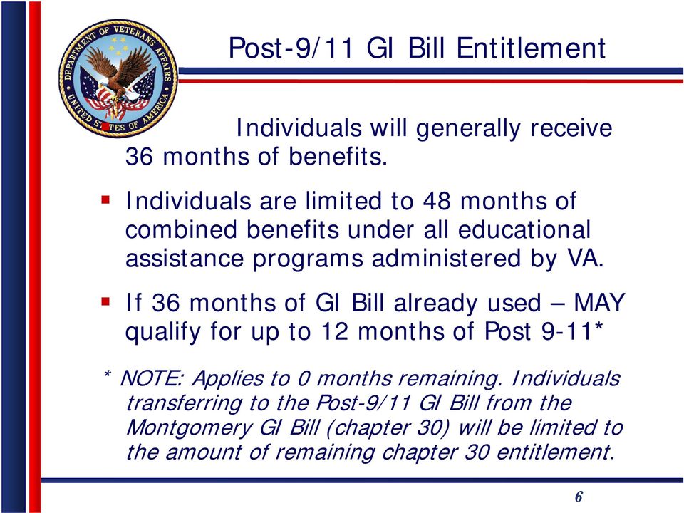 If 36 months of GI Bill already used MAY qualify for up to 12 months of Post 9-11* * NOTE: Applies to 0 months remaining.