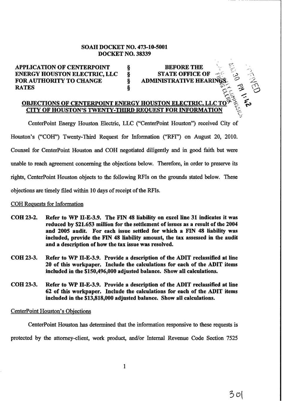 City of Houston's ("COH") Twenty-Third Request for Information ("Rb'I") on August 20, 2010.