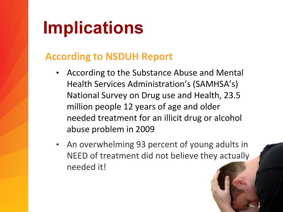 5 million people 12 years of age and older needed treatment for an illicit drug or alcohol abuse