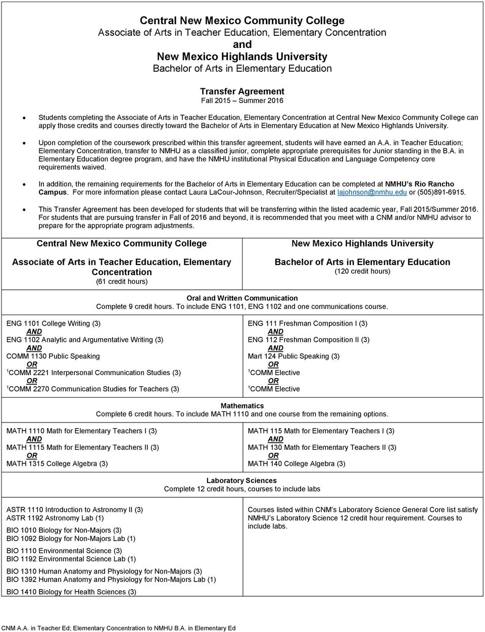 toward the Bachelor of Arts in Elementary Education at New Mexico Highlands University. Upon completion of the coursework prescribed within this transfer agreement, students will have earned an A.A. in Teacher Education; Elementary Concentration, transfer to NMHU as a classified junior, complete appropriate prerequisites for Junior standing in the B.