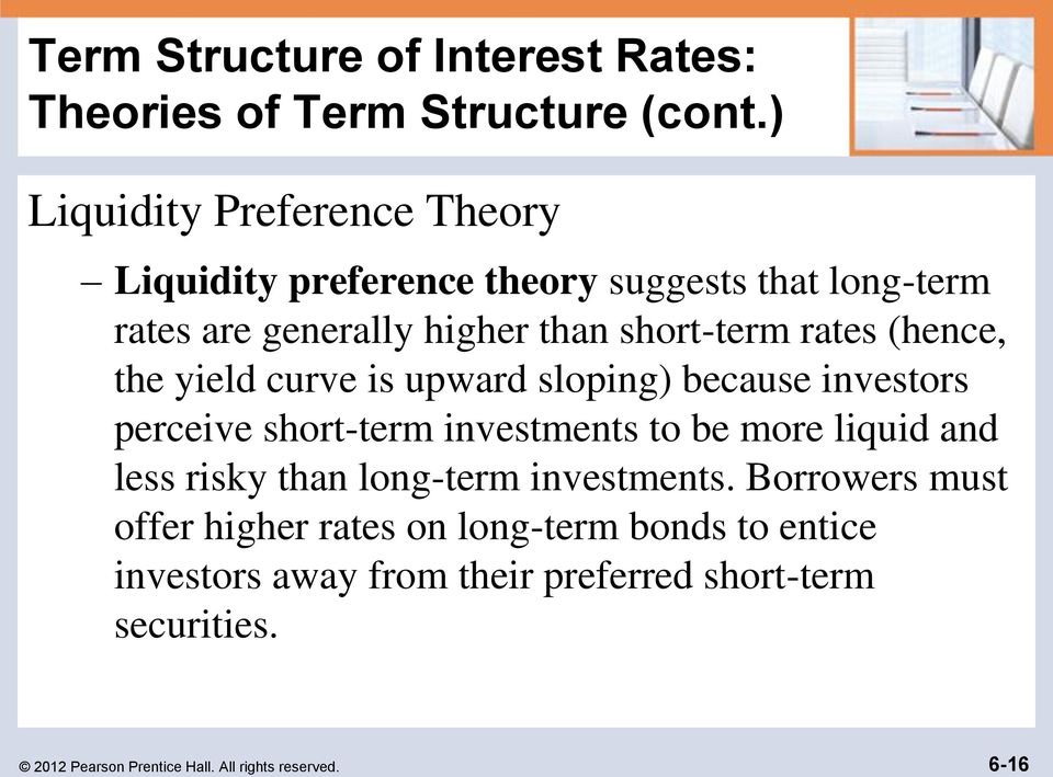 (hence, the yield curve is upward sloping) because investors perceive short-term investments to be more liquid and less risky than