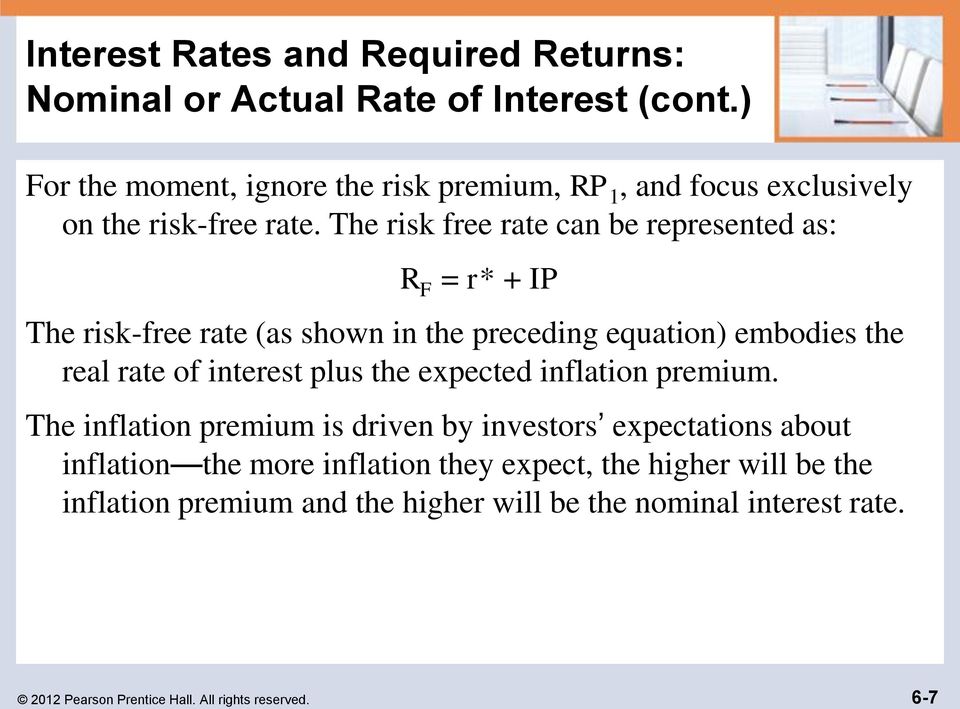 The risk free rate can be represented as: R F = r* + IP The risk-free rate (as shown in the preceding equation) embodies the real rate of interest plus