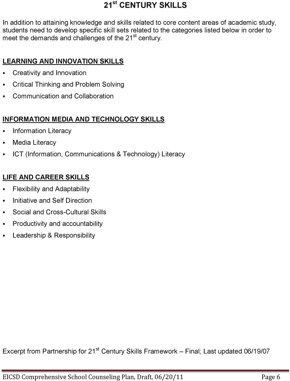 LEARNING AND INNOVATION SKILLS Creativity and Innovation Critical Thinking and Problem Solving Communication and Collaboration INFORMATION MEDIA AND TECHNOLOGY SKILLS Information Literacy Media
