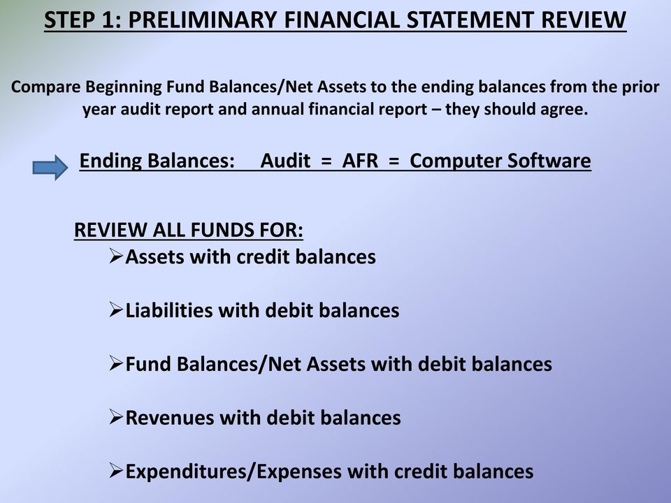 Ending Balances: Audit = AFR = Computer Software REVIEW ALL FUNDS FOR: Assets with credit balances