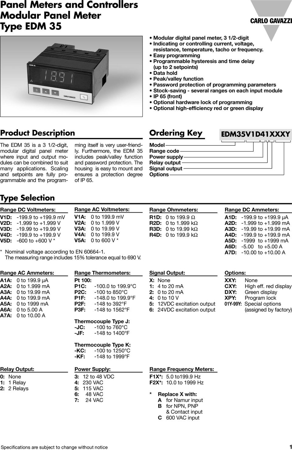 module IP 65 (front) Optional hardware lock of programming Optional high-efficiency red or green display Product Description Type Selection Range DC Voltmeters: V1D: -199.9 to +199.9 mv V2D: -1.