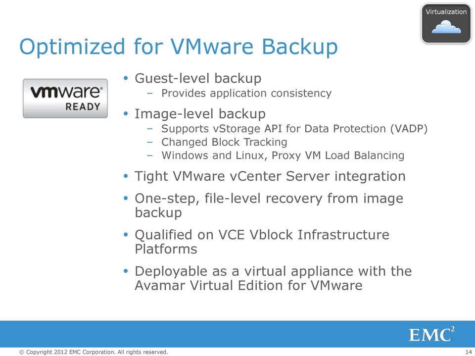 Tight VMware vcenter Server integration One-step, file-level recovery from image backup Qualified on VCE