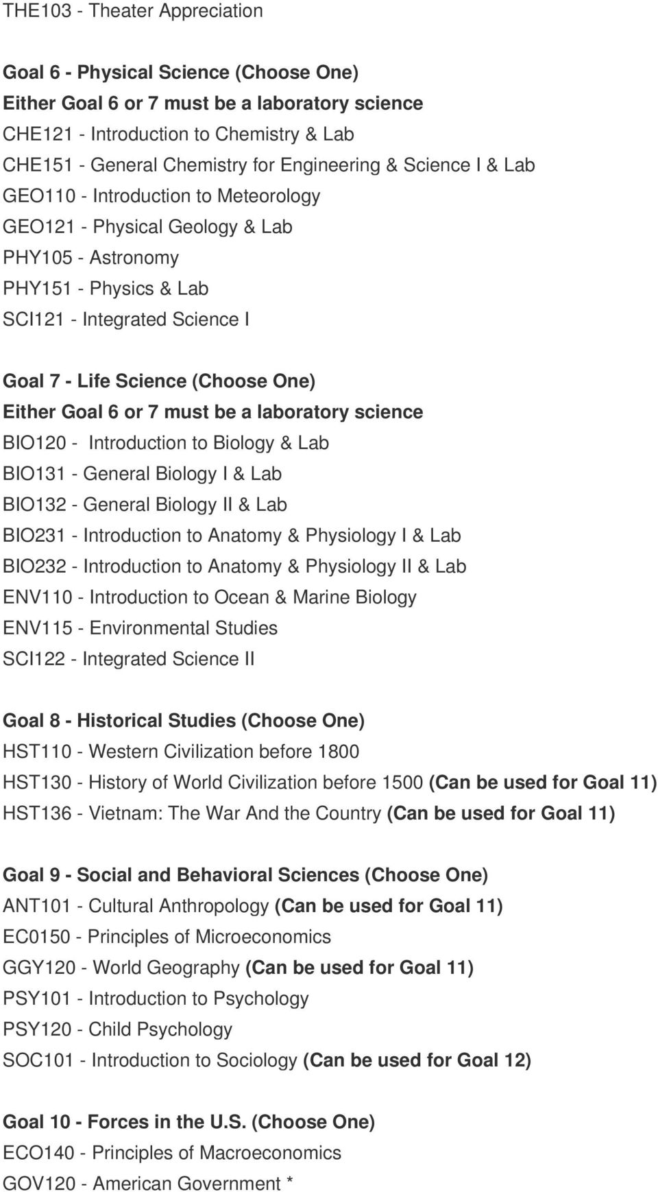 (Choose One) Either Goal 6 or 7 must be a laboratory science BIO120 - Introduction to Biology & Lab BIO131 - General Biology I & Lab BIO132 - General Biology II & Lab BIO231 - Introduction to Anatomy