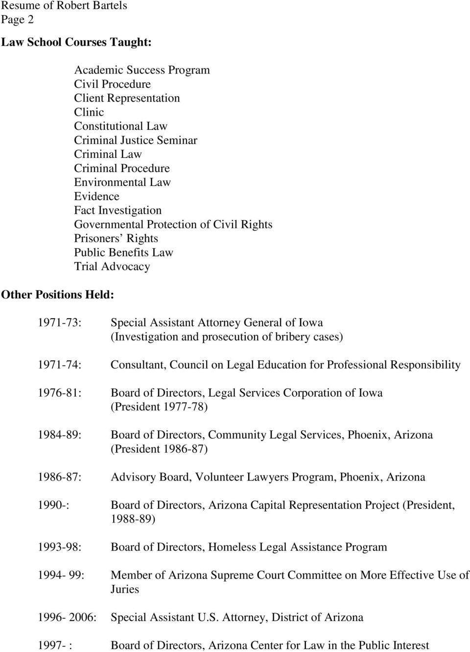 (Investigation and prosecution of bribery cases) 1971-74: Consultant, Council on Legal Education for Professional Responsibility 1976-81: Board of Directors, Legal Services Corporation of Iowa