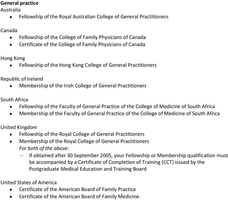 Practice of the College of Medicine of South Africa Membership of the Faculty of General Practice of the College of Medicine of South Africa Fellowship of the Royal College of General Practitioners