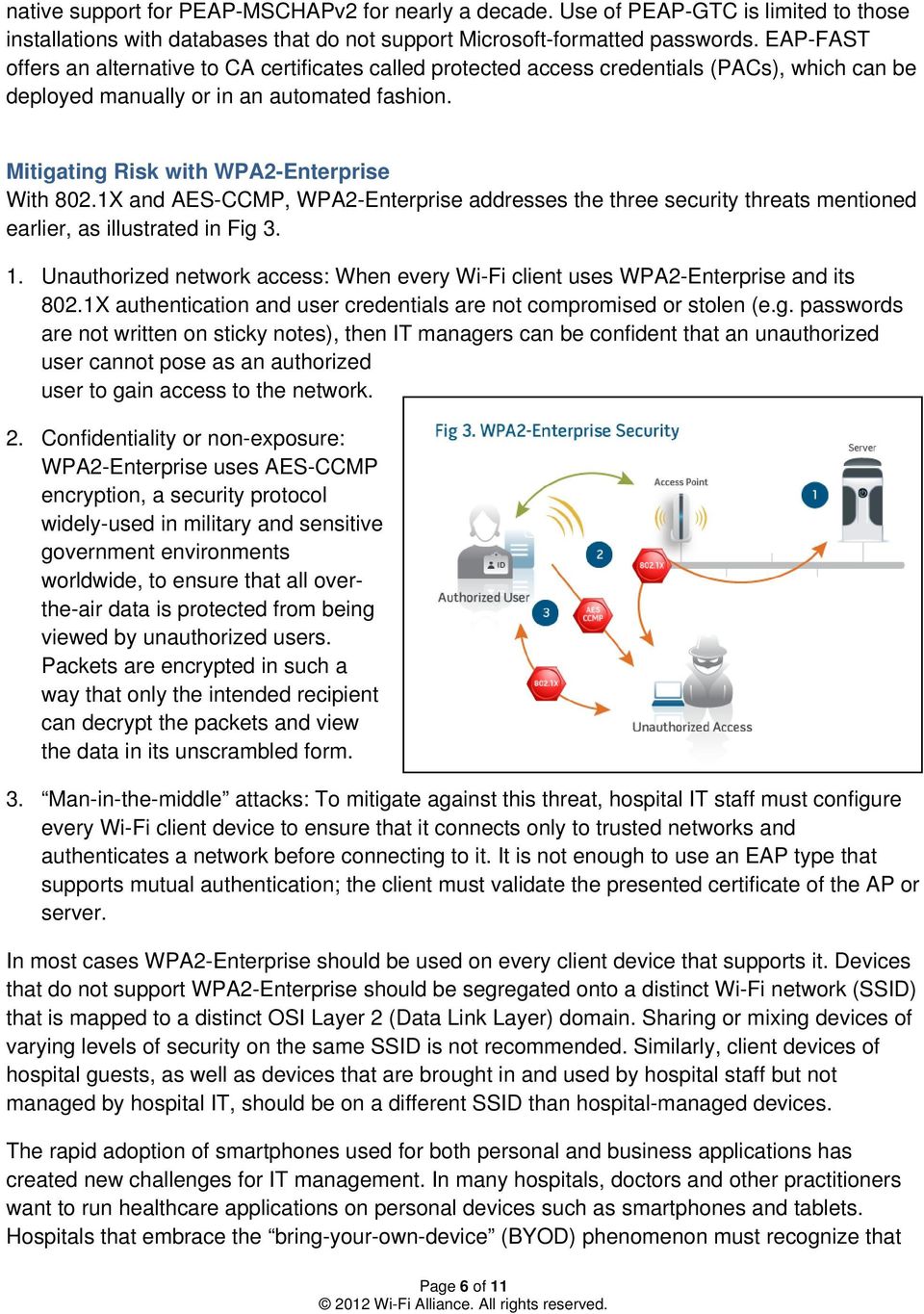 1X and AES-CCMP, WPA2-Enterprise addresses the three security threats mentioned earlier, as illustrated in Fig 3. 1.