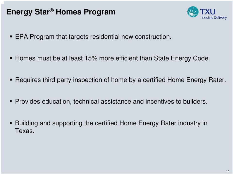 Requires third party inspection of home by a certified Home Energy Rater.