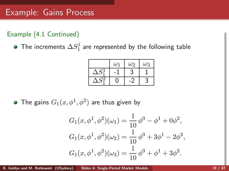 1 0-2 3 The gains G 1 (x,φ 1,φ 2 ) are thus given by G 1 (x,φ 1,φ 2 )(ω 1 ) = 1 10 φ0 φ 1 +0φ 2, G 1