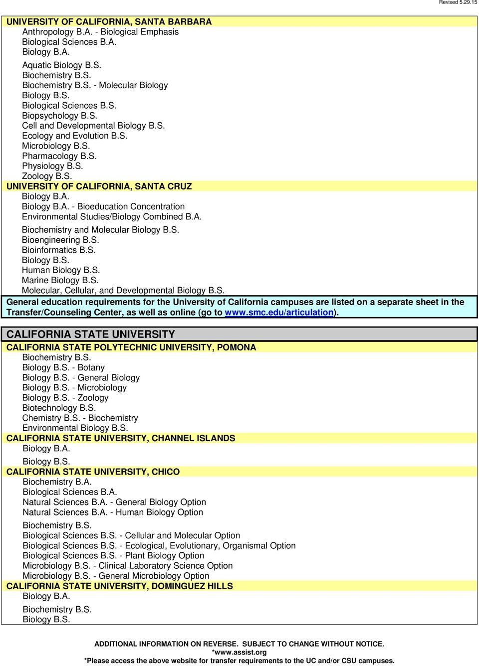 S. Human Marine Molecular, Cellular, and Developmental General education requirements for the University of California campuses are listed on a separate sheet in the Transfer/Counseling Center, as