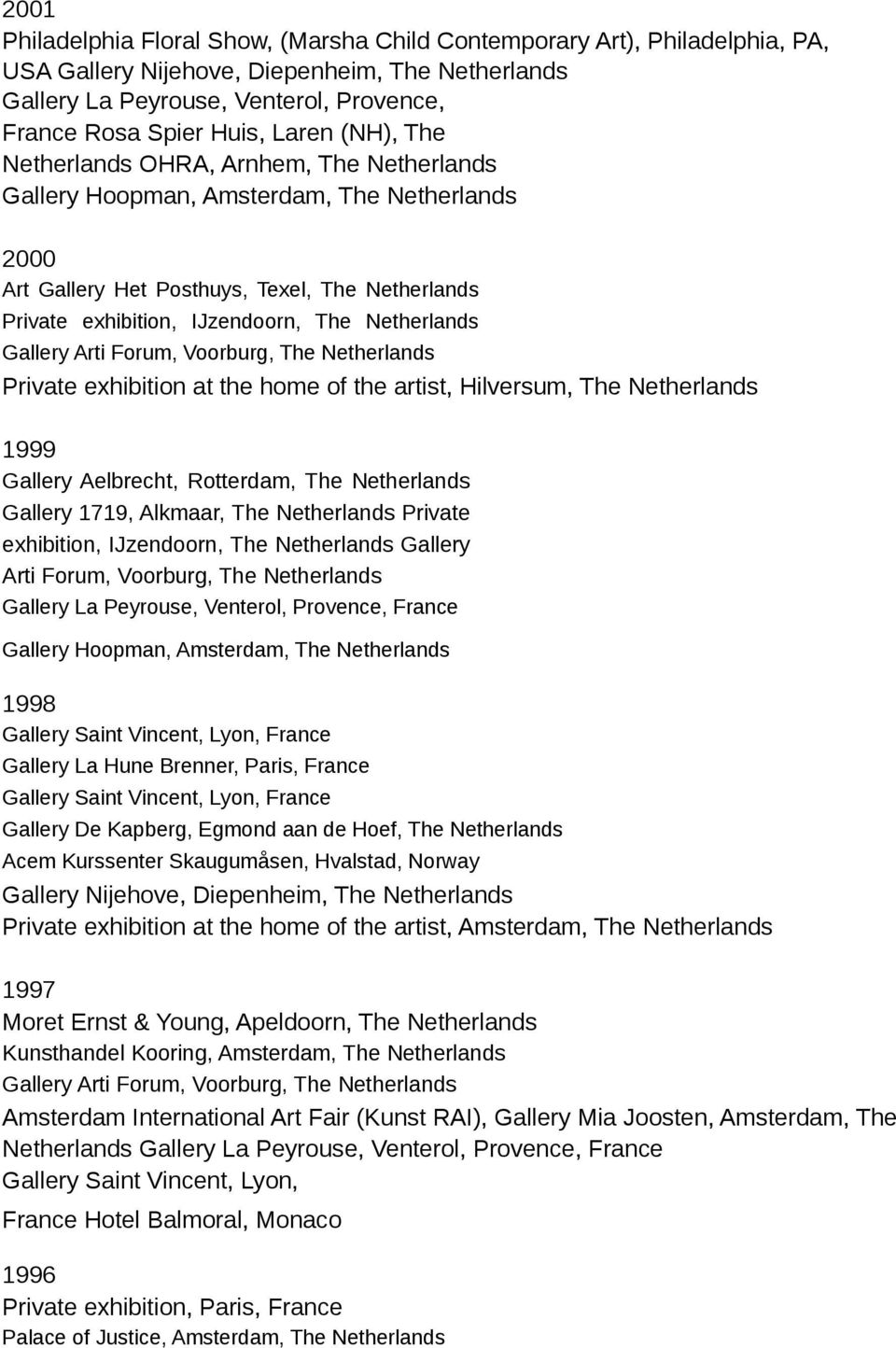 Gallery Aelbrecht, Rotterdam, The Gallery 1719, Alkmaar, The Private exhibition, IJzendoorn, The Gallery Arti Forum, Voorburg, The Gallery La Peyrouse, Venterol, Provence, France Gallery Hoopman,