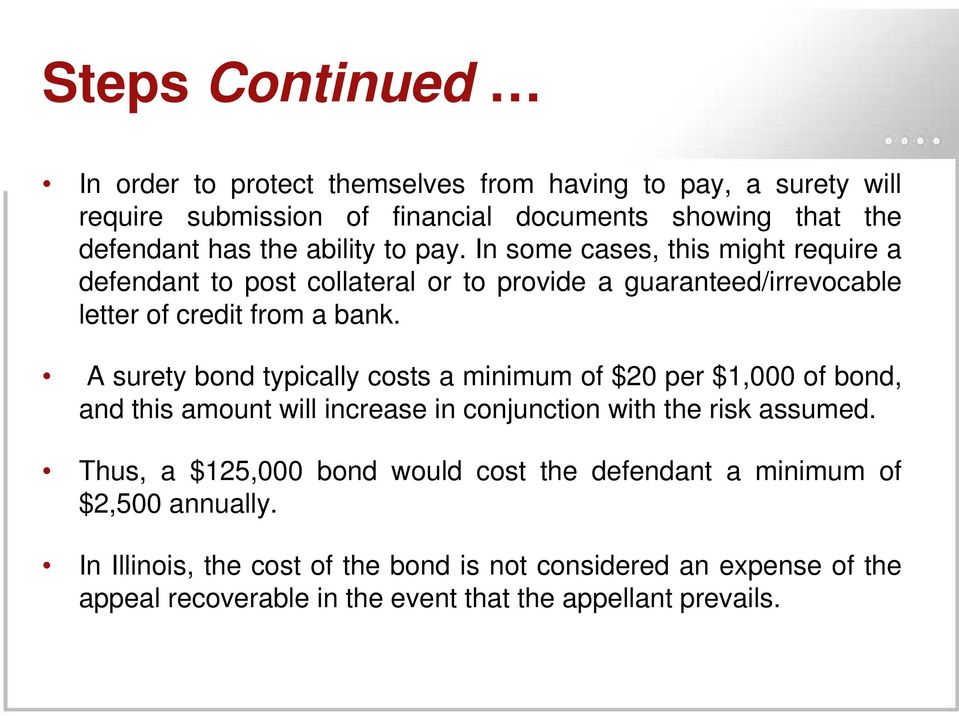 A surety bond typically costs a minimum of $20 per $1,000 of bond, and this amount will increase in conjunction with the risk assumed.