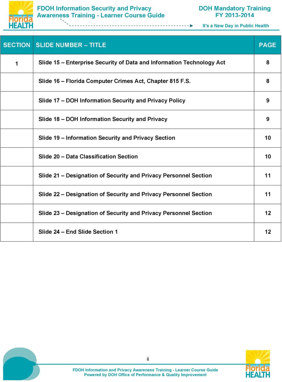 Section 10 Slide 20 Data Classification Section 10 Slide 21 Designation of Security and Privacy Personnel Section 11 Slide 22 Designation of Security and