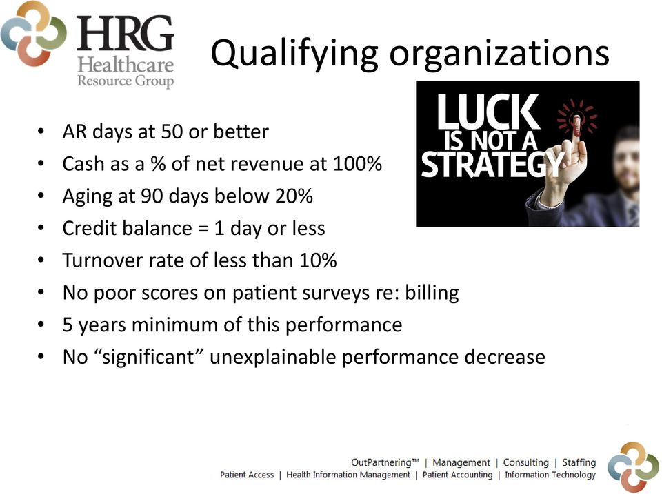 rate of less than 10% No poor scores on patient surveys re: billing 5 years