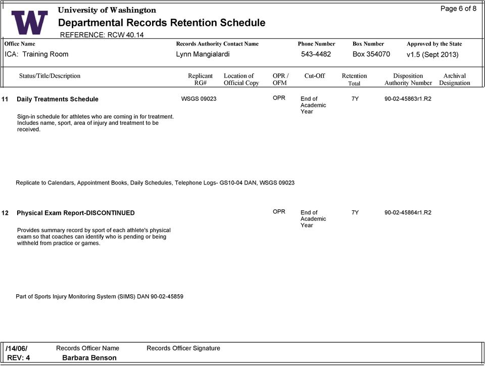 R2 Replicate to Calendars, Appointment Books, Daily Schedules, Telephone Logs- GS10-04 DAN, WSGS 09023 12 Physical Exam Report-DISCONTINUED Provides summary