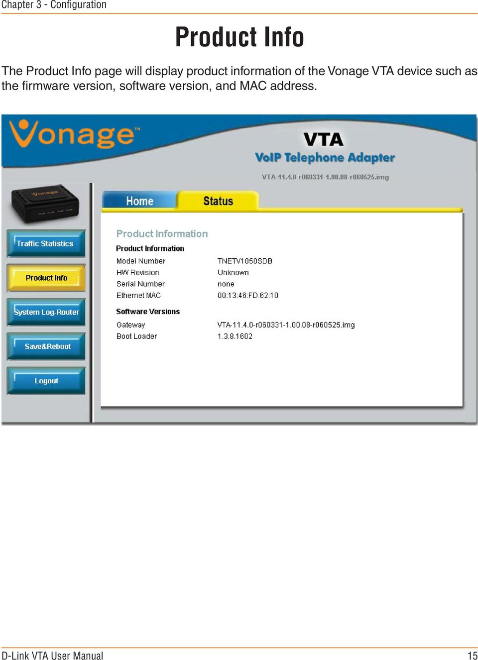 information of the Vonage VTA device such as